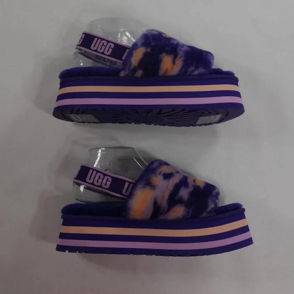 New UGG® Plush Disco Marble Fur Platform Slides Violet Night Womens Size 10